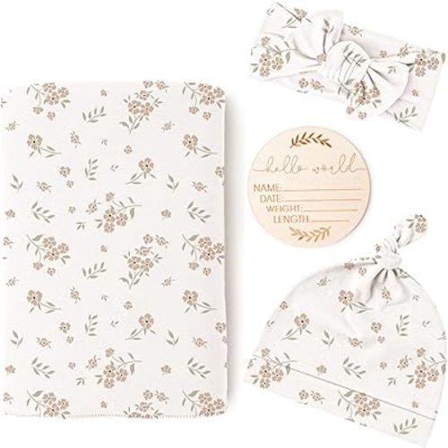 Konssy Baby Girl Newborn Receiving Blanket with Matching Headband and Beanie Set Baby Swaddle Nursery Swaddle Wrap