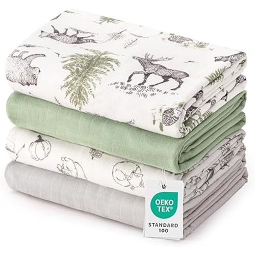 david's kids Muslin Swaddle Blankets, 4 Pack Organic Cotton Baby Blankets, Breathable Soft Receiving Blanket for Boys Girls, Newborn Essentials, Large 47 x 47 inches, Animal & Forest