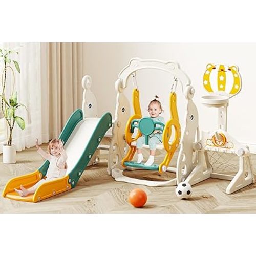 67i Toddler Slide Swing Set Indoor Playground for Kids 1-3, Multi-Activity Play Center Basketball Adjustable Height Safe Plastic (Yellow)