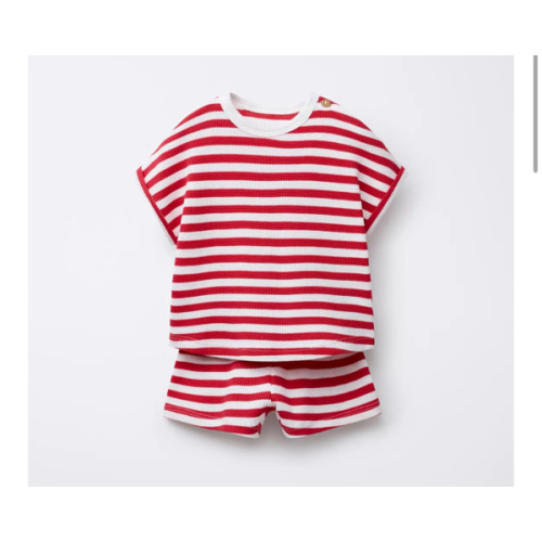 STRIPED WAFFLE T-SHIRT AND BERMUDA SET - Red | ZARA United States