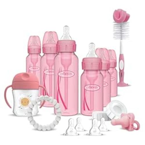 Dr. Brown's Anti-Colic Options+ Special Edition Pink Baby Bottle Gift Set with Sippy Spout Cup, Happy Paci Pacifier, Teether, Bottle Brush and Travel Caps (Pacifier/Teether Style May Vary)