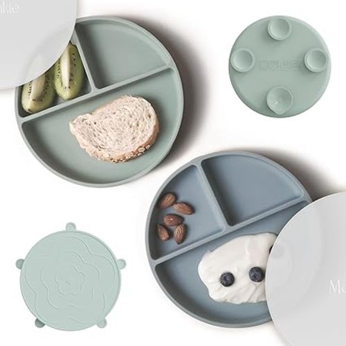 Moonkie Suction Plates for Baby | 100% Silicone BPA-Free Baby Plates with Lids and Food Cover | Divided Design | Microwave and Dishwasher Safe | Toddler Plates 2 Pack
