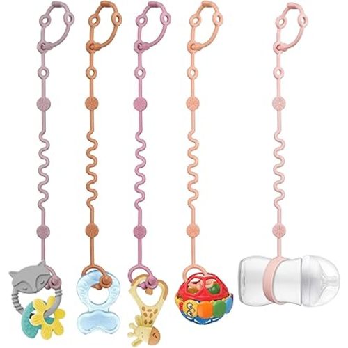 Toy Straps for Baby, 5pcs Adjustable Toy Holder for Stroller Accessories, Silicone Baby Tether Pacifier Clip, No Throw Baby Travel Essential Leash for High Chair, Car Seat (Gril-5 Pack)
