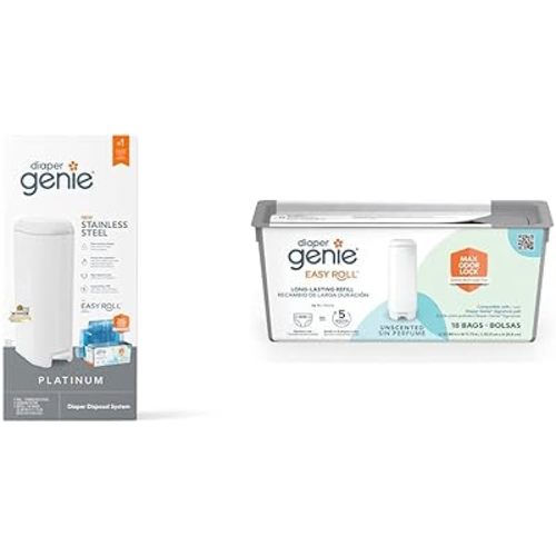 Bundle of Diaper Genie Platinum Pail (Lilly White) + Easy Roll Refill (18 Bags)