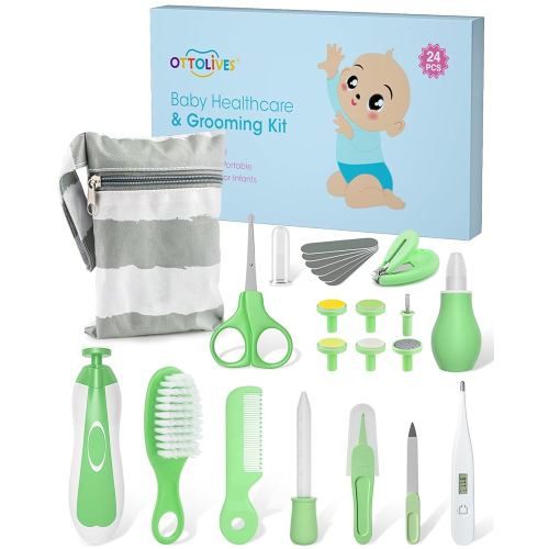 OTTOLIVES Baby Healthcare and Grooming Kit, 24 in 1 Baby Electric Nail Trimmer Set Newborn Nursery Health Care Set for Newborn Infant Toddlers Baby Boys Girls Kids (0-3 Years+) (Green)
