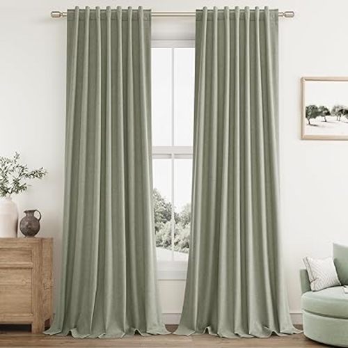 Sage Green Linen Blackout Curtains 108 Inch Length 2 Panels Set for Living Room Bedroom Back Tab Thermal Insulated 100% Black Out Linen Drapes Room Darkening Window Curtains 108 Inches Long