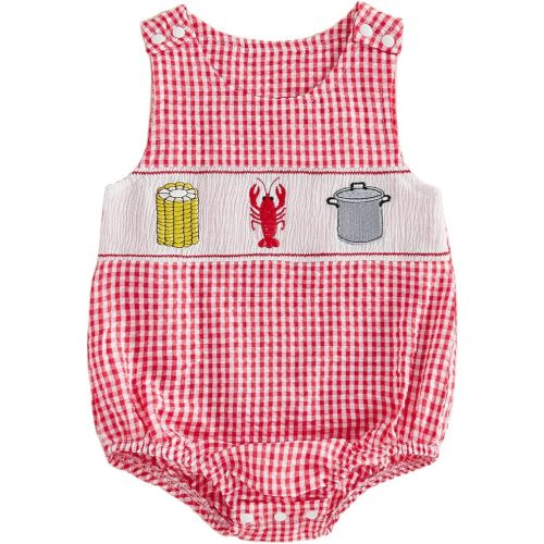 Baby Boy Smocked Bubble Romper Crawfish Sailboat Beach Outfit Sleeveless Bodysuit Newborn Infant Overalls Clothes