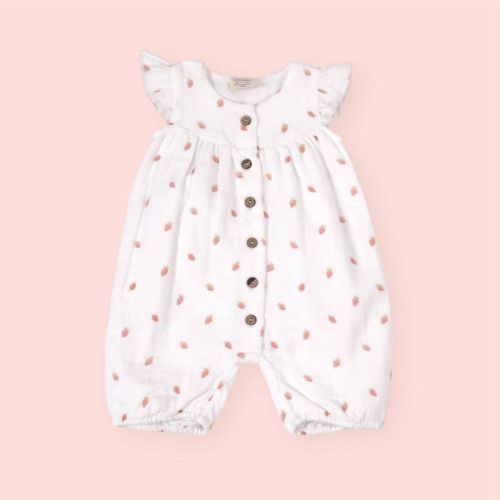Girls' Strawberry Muslin Baby Romper - VIVERANO Organics 6-12M