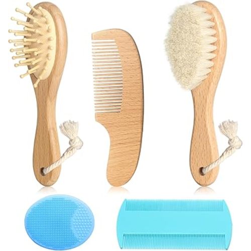 Wooden Natural Goat Bristle Brush and Cradle Cap Comb Set - 5 in 1 Baby Grooming Kit for Newborns, Toddlers, Boys, and Girls (Blue)