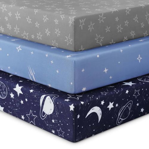 Baby Crib Sheets for Boys Girls, Fitted Crib Sheet Neutral 3 Pack for Standard Crib and Toddler Mattress, Breathable Soft Microfiber Baby Sheet 28x52x8in Blue Gray Planet