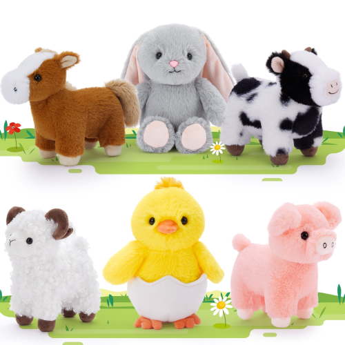 MorisMos 6Pcs Farm Animal Stuffed Animals Bulk with Cow/Horse/Sheep/Pig/Easter Bunny/Chick Plush Toys