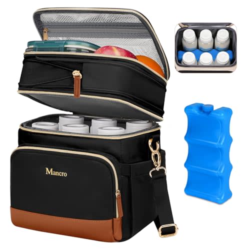 Mancro Expandable Breastmilk Cooler Bag with Ice Pack,Fits 6 Bottles Up to 9 Ounce, Double Layer Insulated Baby Bottle Bag for Daycare, Leakproof with Shoulder Strap for Nursing & Working Mom