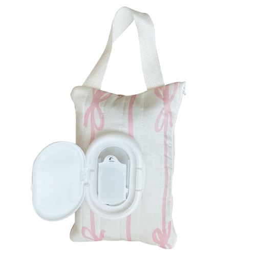 AGLOO Bow Baby Wipes Dispenser - Portable Wet Tissue Storage Bag for Travel, Refillable Diaper Wipe Holder for Car and Stroller – Reusable Hanging Wet Wipe Pouch (Pink-White)