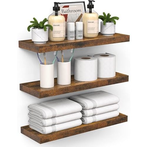 BAYKA Floating Shelves for Wall – Bathroom Shelves Rustic Wood with Metal Brackets for Bathroom, Bedroom, Kitchen, or Living Room Decor – Rustic Brown, Set of 3, Sturdy Storage with 22lb Capacity