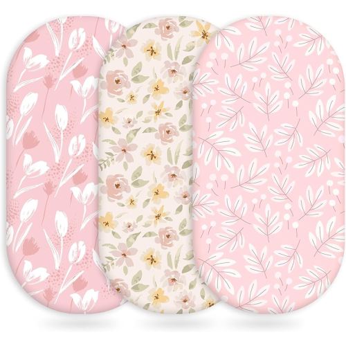 Baby Bassinet Sheets Girl Boy, Fitted Bassinet Sheet Set 3 Pack Bassinet Mattress Sheets Universal Fit for Rectangle, Round, Oval, Hourglass Mattress, Soft Breathable Pink Flowers & Leaf