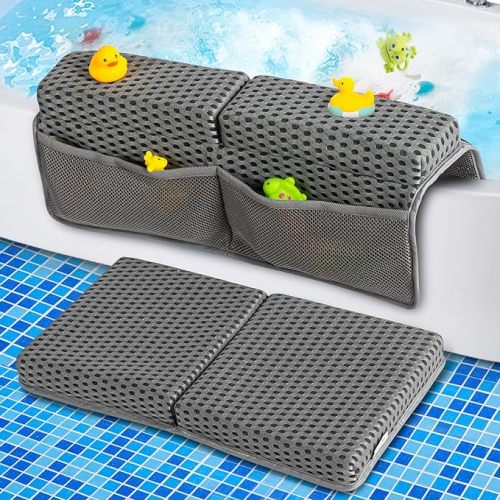 OS OMYSTYLE Baby Bath Kneeler and Elbow Rest Pad Set, 1.5'' Thick Quickly Dry Bathtub Kneeler Pad with Baby Toys & Bath Accessories Organizer, Kneeling and Elbow for Tub, Non-Slip Mat(Grey)