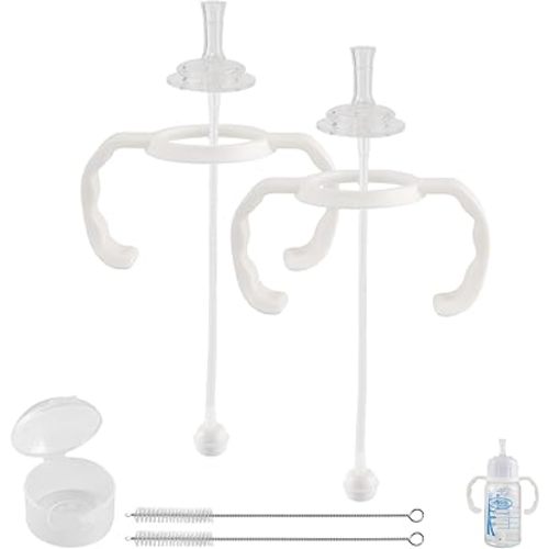 Straw Cup Conversion Kit for Dr Browns Narrow and Narrow Glass Baby Bottles, Spill-Proof Transition Kit with Silicone Straw Nipple, Weighted Straw, Handle, 2 Pack, 6m+