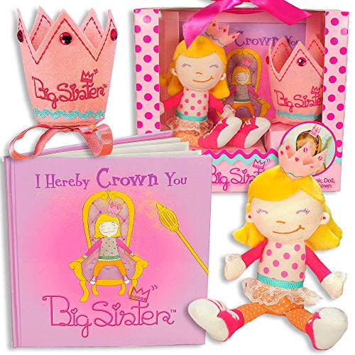Tickle & Main 3 Pcs Big Sister Gifts for Little Girls, Includes I Hereby Crown You Big Sister Book, Soft Cloth Doll, and Child Size Crown, Ideal for Announcing a New Sibling, Educational and Engaging