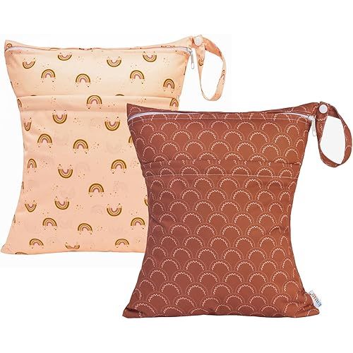 ALVABABY 2pcs Cloth Diaper Wet Dry Bags Waterproof Reusable with Two Zippered Pockets Travel Beach Pool Daycare Soiled Baby Items Yoga Gym Bag for Swimsuits or Wet Clothes L-YX128129