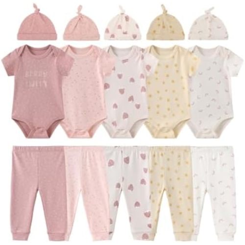 15Pcs Cotton Baby Boy Girl Pants Bodysuits Set Matching Hats
