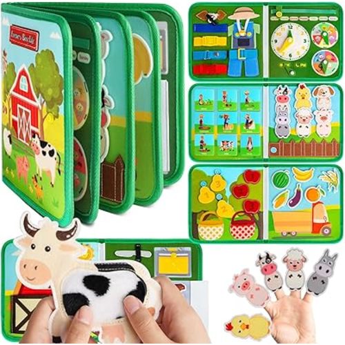 Quanquer Toddler Busy Board Montessori Toys for 1 2 3 4 Year Old - Farm Busy Book Educational Learning Sensory Toys for Boys Girls - Christmas Birthday Gifts for Toddlers Travel Toys for Airplane Car