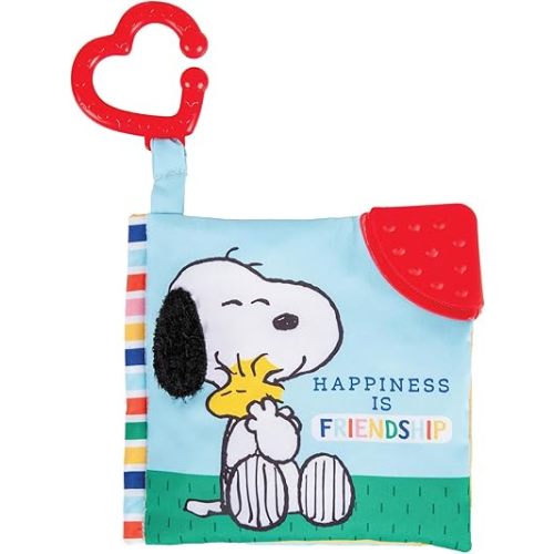 Kids Preferred Peanuts Snoopy Baby Stuff Fun Crinkle Book with On The Go Travel Clip Teether Soft Sensory Book for Babies & Toddlers, 5.25x5.25 Inches