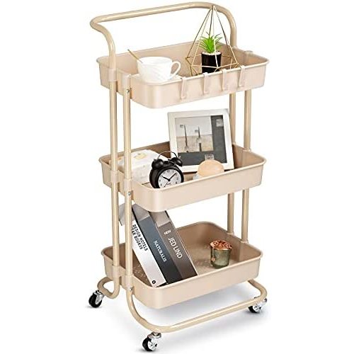 danpinera 3 Tier Rolling Utility Cart with Wheels and Handle Storage Organization Shelves Coffee Bar Cart Service Cart Trolley for Kitchen, Bathroom, Office, Workshop (Beige)