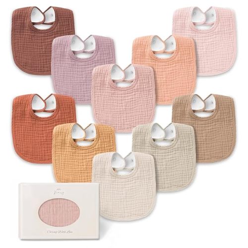 Konssy 10-Pack Muslin Baby Bibs, Soft Cotton Bandana Bibs for Drooling & Teething, Unisex Solid Colors for Boys & Girls, Newborn & Infant