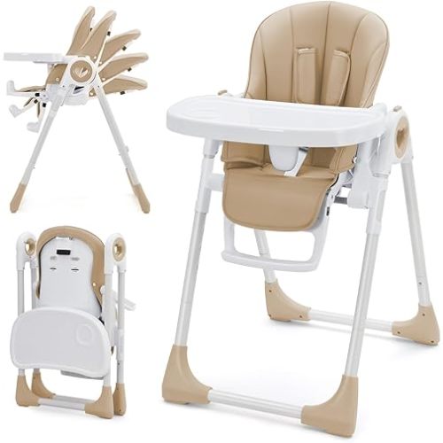 Foldable Baby High Chair with Adjustable Height, 5 Recline Positions & Removable Double Tray - Easy Clean, Space-Saving Infant Highchair for Toddlers, 5-Point Harness & Compact Design