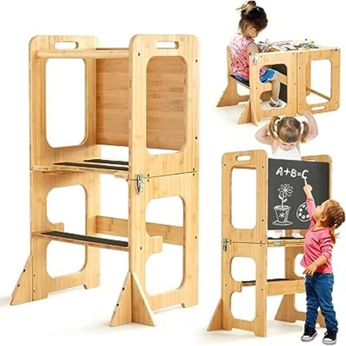 Asweets Toddler Tower, 4-in-1 Bamboo Standing Tower for Learning, Kitchen Stool Helper with Chalkboard, Safer Than a Step Stool, Art Desk Anti-Slip Protection, Ideal Helper for Kids in Kitchen (Bamboo