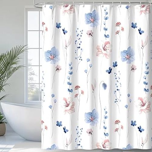 QiyI Watercolor Floral Shower Curtain, Flowers Print Minimalist Bathroom Curtain, Machine Washable Spring Modern Shower Curtains, Waterproof Fabric Shower Curtain Set with Hooks, 72 x 72, Blue