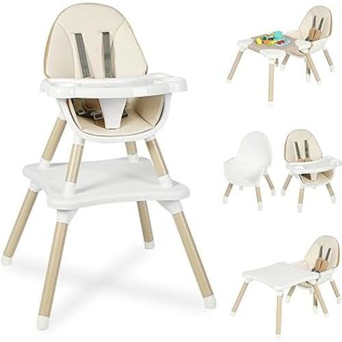 6 in 1 Baby High Chair, Convertible Highchair for Babies and Toddlers, Kids Learning Table, Building Block Table, Infant Dining Booster Seat, Toddler Chair with 5-Point Safety Harness (Khaki)