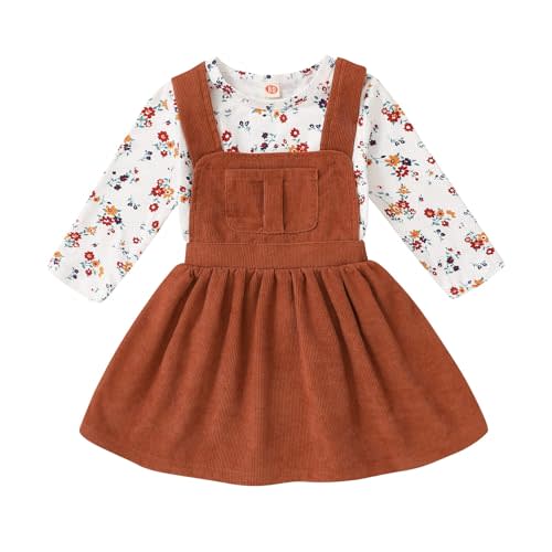 YOUNGER TREE Toddler Baby Girl Fall Outfit Long Sleeve Stripe T-Shirt and Strap Dress Overall with One Pocket Clothes Sets