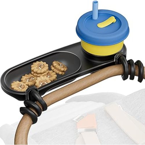 Universal Snack Tray for Stroller, Cup Holder Tray with Flexible Silicone Arm Gripper, Stays in Place Tray Attachment for Toddler & Kids, Snacking On The Go, Stroller Travel Accessories, Universal Fit