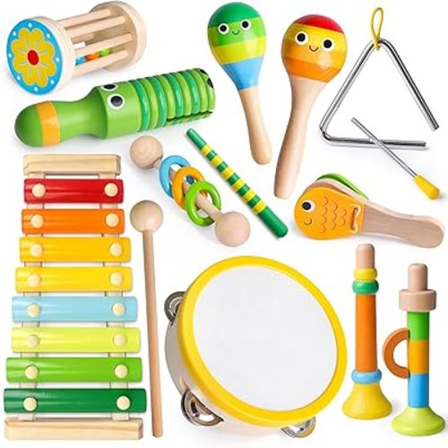Coogam Wooden Musical Instruments for Toddlers, Tambourine Xylophone Castanet Flute Maracas Playset, Wood Percussion Rhythm Music Toy, Montessori Educational Learning Gift