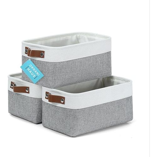 OrganiHaus Small Fabric Storage Bins for Shelves 3 Pack, 12x8in Closet Storage Bins for Shelves, Cloth Baskets for Organizing, Linen Closet Organizers, Fabric Basket, Shelf Organizer Bins Gray/White