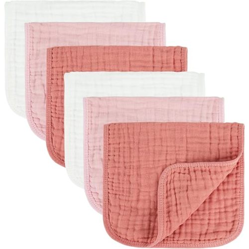 Baby Burp Cloth 100% Cotton Newborn Cotton Muslin Burp Cloth 10x20 inches (White & Pink 6 Pieces)
