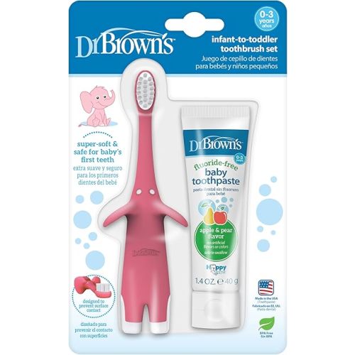 Dr. Brown's Infant-to-Toddler Training Toothbrush Set, Pink Elephant with Fluoride-Free Apple Pear Baby Toothpaste, 0-3 years (Colors May Vary)