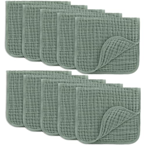 Comfy Cubs Muslin Burp Cloths Set (20”X10”, Pack of 10) - Large, 6-Layer, Ultra Absorbent 100% Cotton for Baby Spit-Up, Drool, and Messes - Soft, Gentle - Great, (Fern)