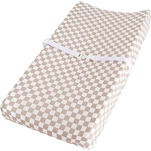 LifeTree Diaper Changing Pad Cover for Boys Girls - Soft Muslin Fitted Changing Table Sheets - 16"x32" Viscose from Bamboo Cotton Blend - Tan Checkered Print