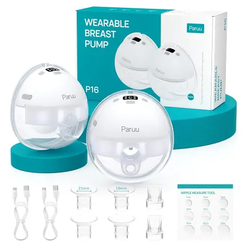 Paruu Hands Free Breast Pump P16, Wearable Breast Pump Electirc Portable with 4 Modes & 12 Levels, Max 309mmHg Strong Suction 19/21/24mm Flange Inserts Wearable Breastfeeding Pump, 2 Pack
