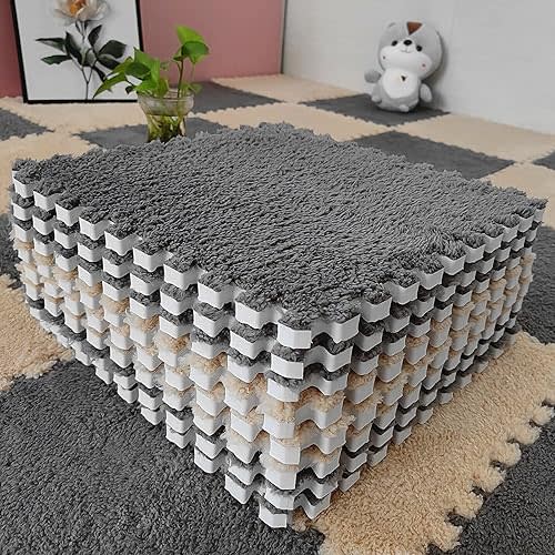12 pcs Thickened Plush Interlocking Floor Mat 0.6" Thick- Fluffy Square Tiles with 12 Edgings Soft Anti-Slip Puzzle Area Rug Playmat for Room (11.8", Gray & Light Brown) | Soft, Anti-Slip, Thickened, 0.6" Thick, Fluffy, 12 pcs, Square Tiles, Puzzle Area R