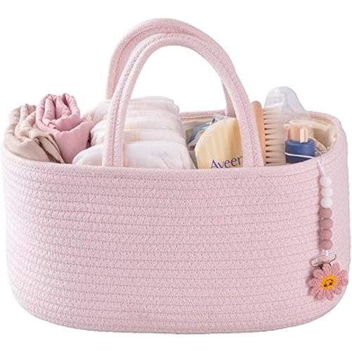 Baby Diaper Caddy Organizer for Girl Boy Rope Nursery Storage Bin Basket Portable Holder Tote Bag for Changing Table Car Travel Baby Shower Gifts Newborn Essentials Registry Must Have Items Pink