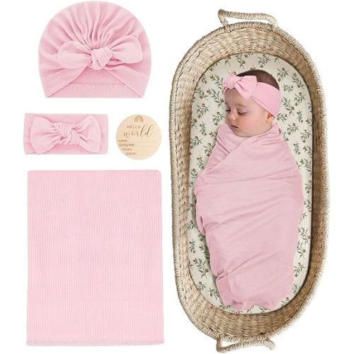 Stretchy Baby Swaddle Blanket and Headband Set, Newborn Receiving Blankets with Matching Hat for Nursery Swaddle Wrap