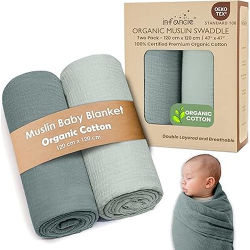 Infancie Organic Cotton Muslin Baby Blanket - 120x120 cm (47x47 inches) Breathable Swaddle, Hypoallergenic Double-Layer, Versatile Use (Green/Mint Green)