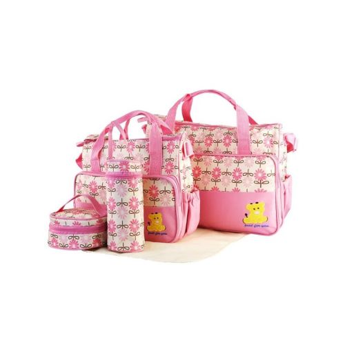 Racxily 5PCS Baby Nappy Diaper Bags Set Mummy Diaper Shoulder Bags w/ Nappy Changing Pad Insulated Pockets Travel Tote Bag, Pink