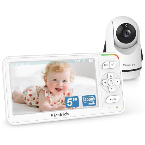 Firskids Baby Monitor, 5” Video Baby Monitor with Camera and Audio, 32-Hour Battery, Non WiFi, 2 Way Talk, Temp Sensor, Auto Night Vision, Pan Tilt Zoom Camera, Suitable for Monitor Baby and Elderly