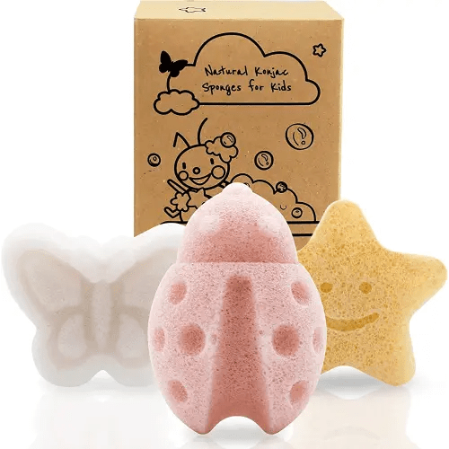 myHomeBody Konjac Baby Sponge for Bathing, Cute Shapes Natural Kids Bath Sponges for Infants, Toddler Bath Time, Natural and Safe Plant-Based Toys, 3pc. Set: Butterfly, Ladybug, Star