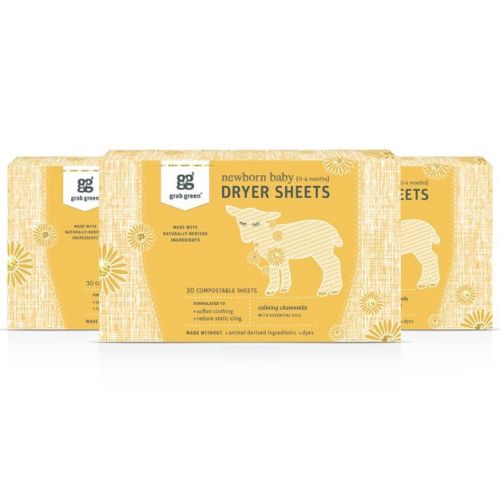 Grab Green Newborn Baby Dryer Sheets, 40 Sheets, Calming Chamomile Scent - 3-pack (120 Total Sheets)