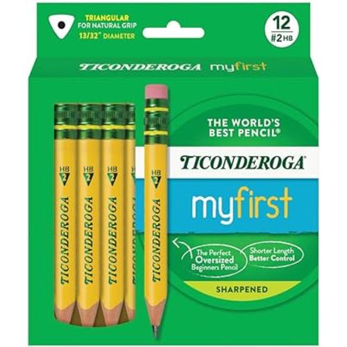Ticonderoga My First Short Triangular Wood-Cased Pencils, 2 HB Soft, With Erasers, Yellow, 12 Count